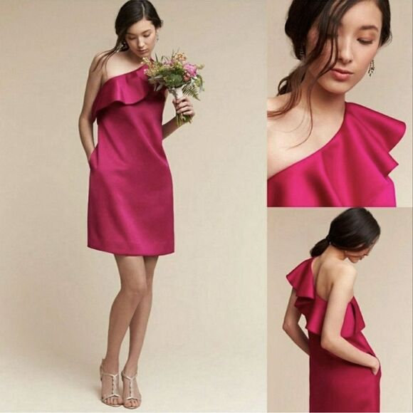 BHLDN Anthropologie Mini Dress Women’s Size 12 One Shoulder Ruffle Pink Cocktail - Picture 1 of 12